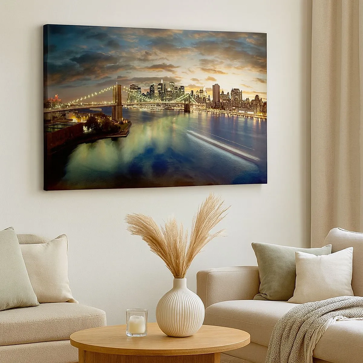 Canvas picture - An illuminated bridge with the city in the background, with lights reflected in the water. - 70x50cm - Starry Night over Manhattan - Modern wall decoration for the living room and bedroom ARTTOR