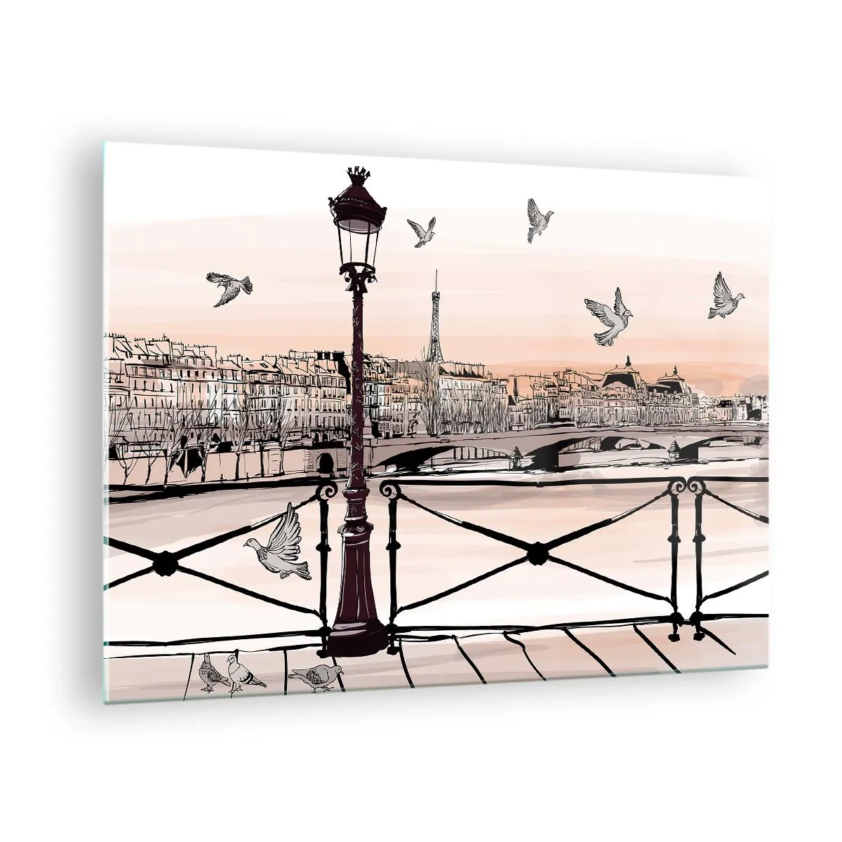 Glass picture - Illustration of a Parisian street with a view of the Eiffel Tower at dawn - 70x50cm - Over the Roofs of Paris - Modern wall decoration for the living room and bedroom ARTTOR