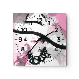 Wall clock - Clock on glass - Portrait of a Lady in Black and Pink - 30x30 cm
