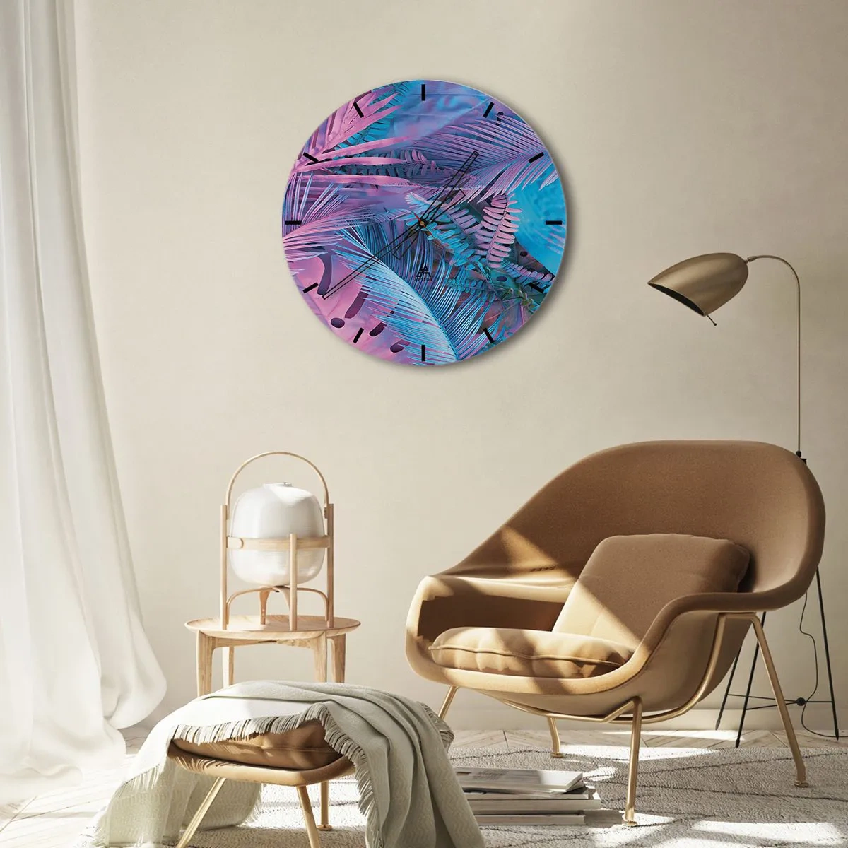 Wall clock - Clock on glass - An abstract composition of palm leaves in shades of pink and blue. - 30x30cm - Tropics in Pink and Blue - Modern wall decoration for the living room, kitchen, and bedroom ARTTOR