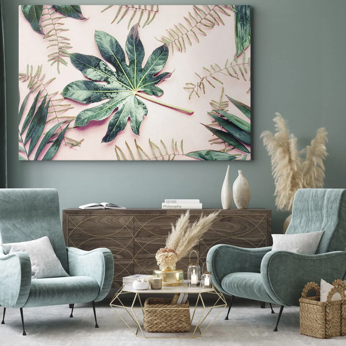 Canvas picture - Tropical leaves on a light pastel background - 70x50cm - Study in Green on Pink Background - Modern wall decoration for the living room and bedroom ARTTOR