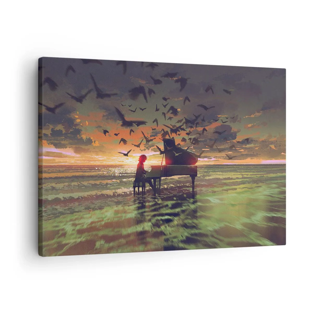 Canvas picture - A piano on the seashore at sunset with birds - 70x50cm - Concert for Piano and Waves - Modern wall decoration for the living room and bedroom ARTTOR