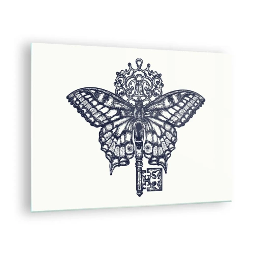 Glass picture - Illustration of a butterfly with a key in the center - 70x50cm - All Secrets of the Heart - Modern wall decoration for the living room and bedroom ARTTOR