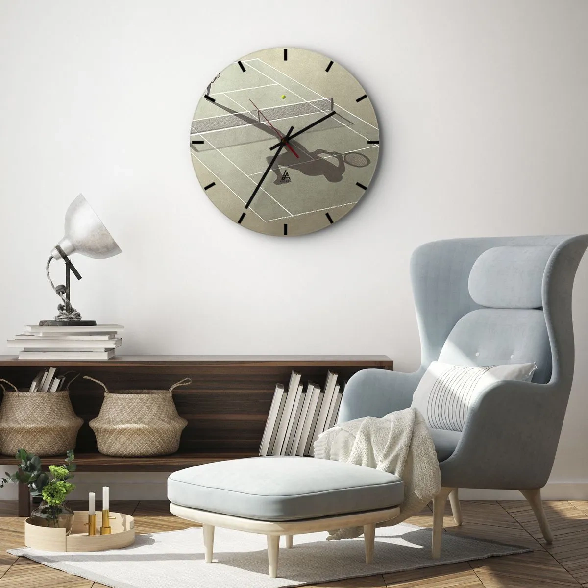 Wall clock - Clock on glass - A minimalist silhouette of a tennis player on the court - 30x30cm - Overcoming Yourself - Modern wall decoration for the living room, kitchen, and bedroom ARTTOR