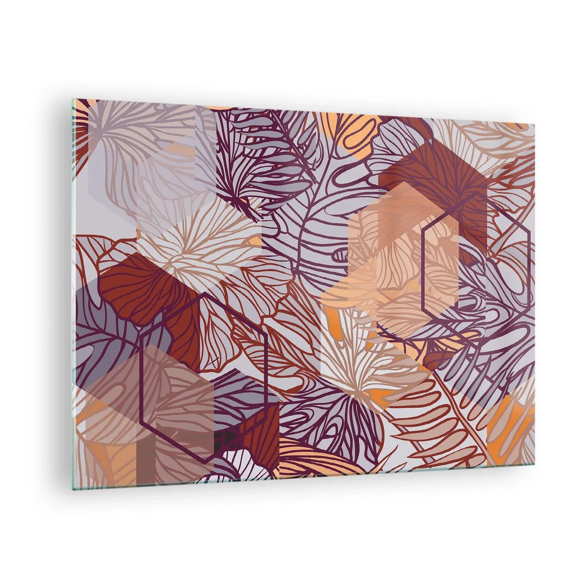 Glass picture - Graphic leaves against a background of geometric shapes - 70x50cm - Impossible Union of Geometry and Nature - Modern wall decoration for the living room and bedroom ARTTOR