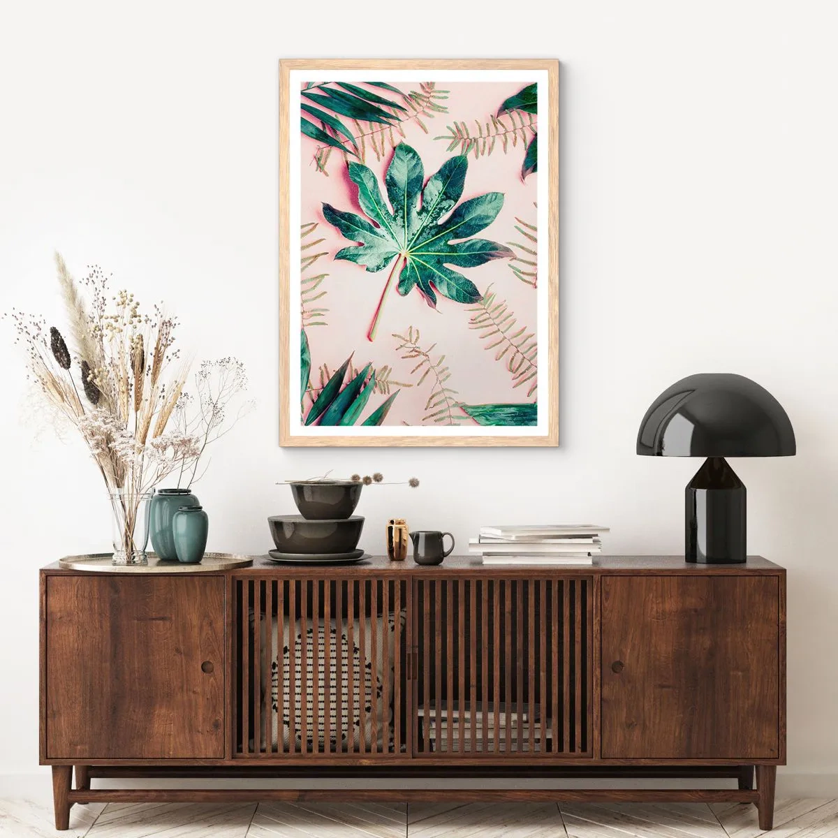 Poster in light oak frame - Study in Green on Pink Background - 40x50 cm