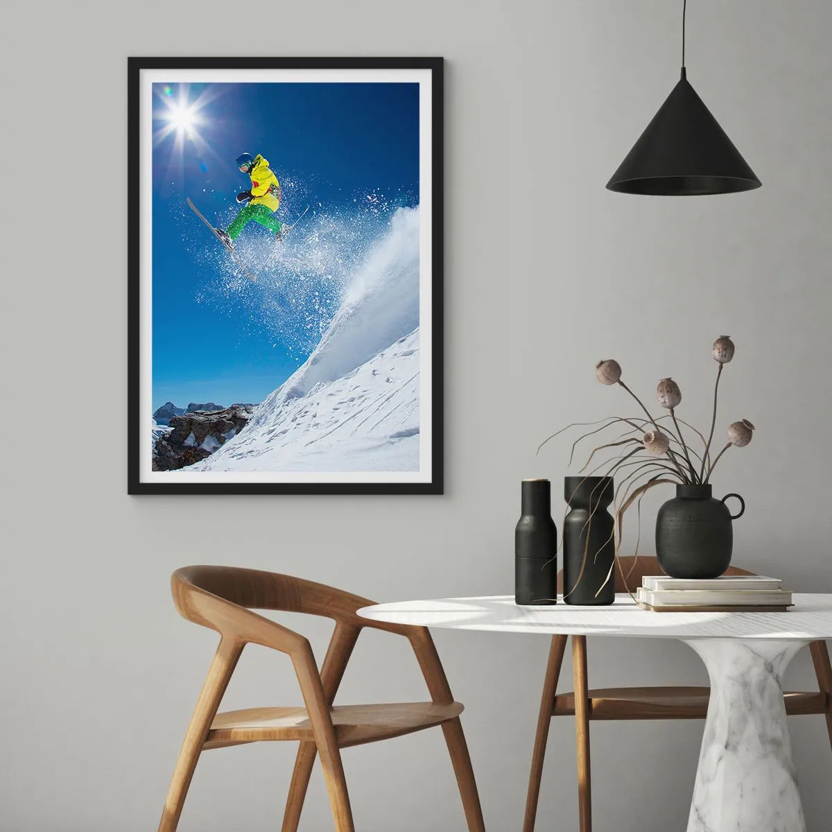 Poster in black frame - Skier in action on a snowy slope - 50x70cm - Dancing with the Mountains - Modern wall decoration for the living room and bedroom ARTTOR