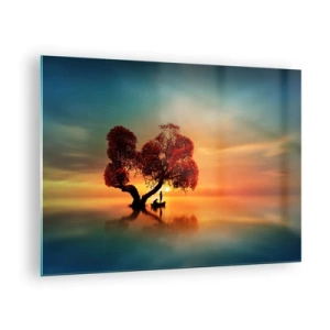 Glass picture - A tree with red leaves against the backdrop of the sunset - 70x50cm - Far Away and Lost to the World - Modern wall decoration for the living room and bedroom ARTTOR