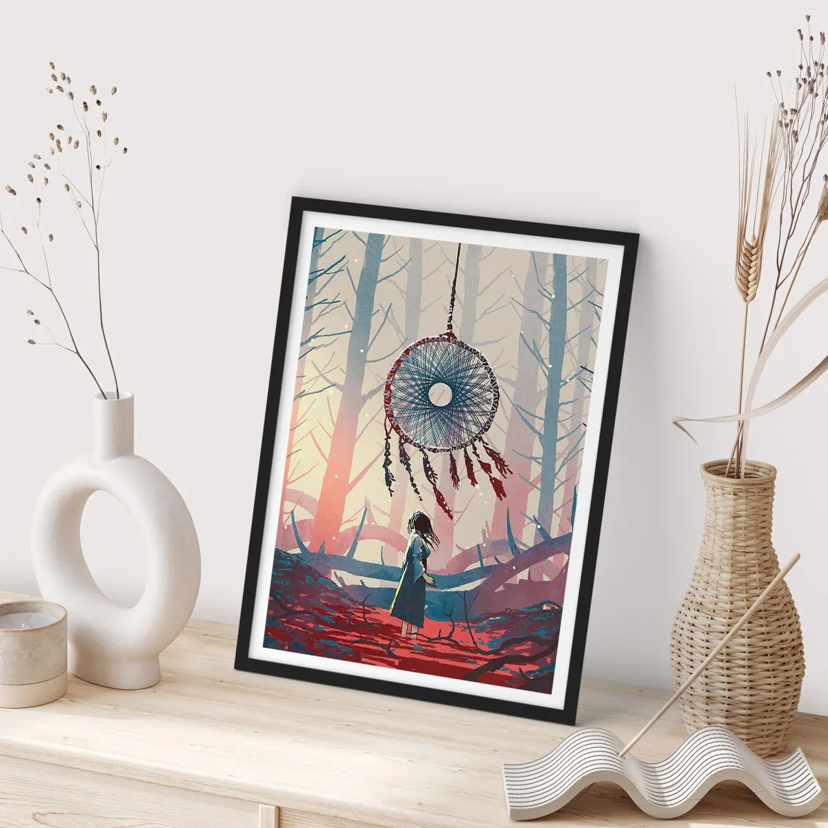 Poster in black frame - A figure in the forest with a dream catcher against a pastel background. - 50x70cm - Mysterious Ritual of Life - Modern wall decoration for the living room and bedroom ARTTOR