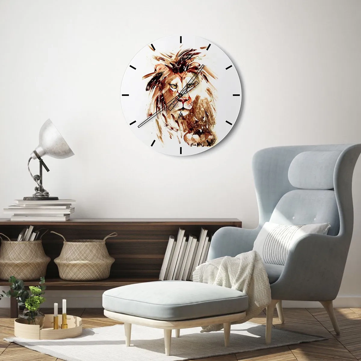Wall clock - Clock on glass - Portrait of a lion in shades of brown in a dynamic artistic form - 30x30cm - Strength and Dignity - Modern wall decoration for the living room, kitchen, and bedroom ARTTOR