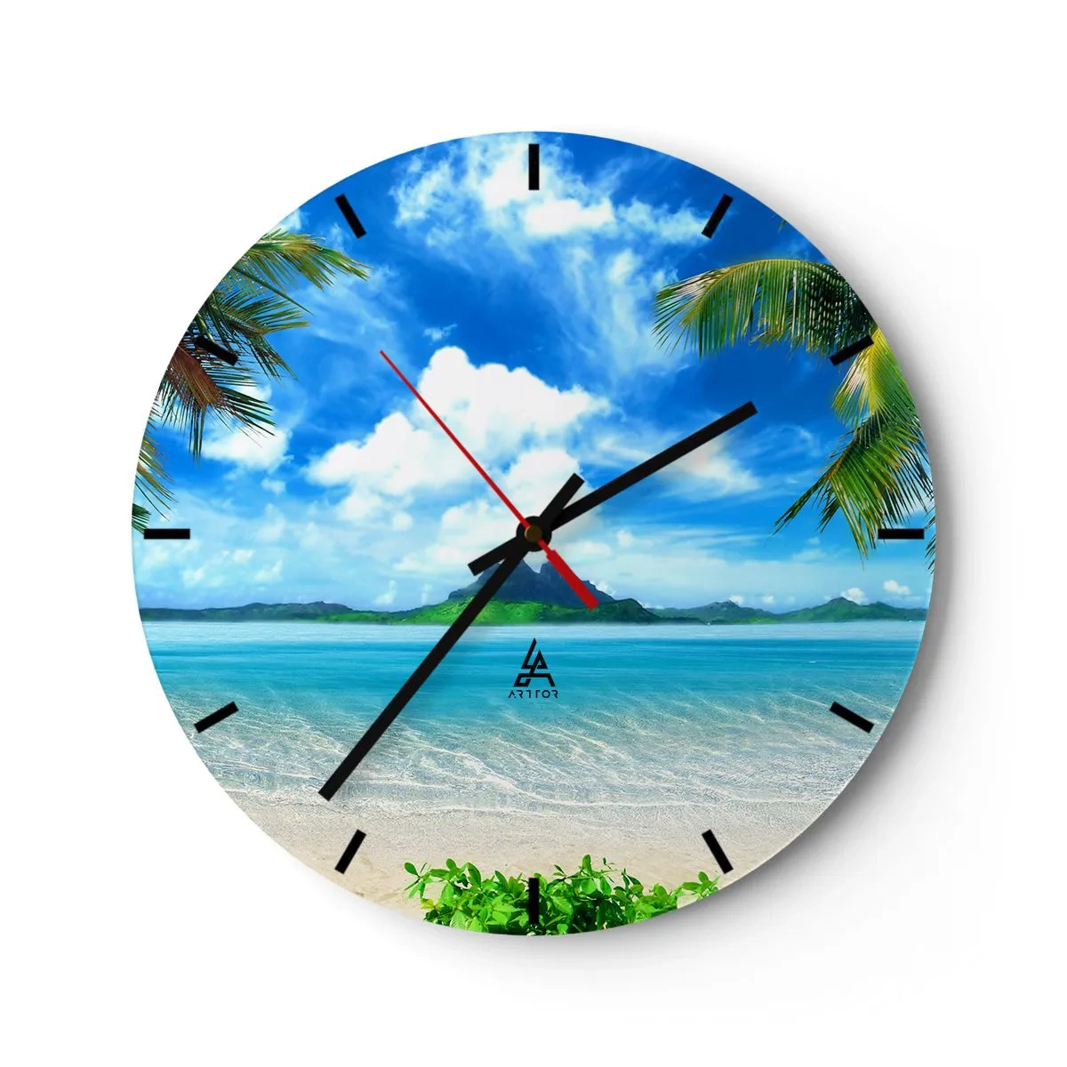 Wall clock - Clock on glass - An exotic beach with palm trees and azure sea - 30x30cm - Blue Tropics - Modern wall decoration for the living room, kitchen, and bedroom ARTTOR