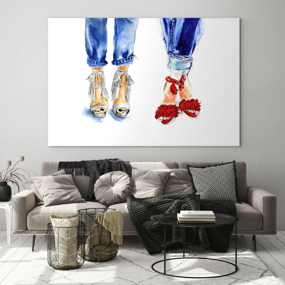 Glass picture - Two stylish shoes against the background of jeans - 70x50cm - Shall We Go for a Walk? - Modern wall decoration for the living room and bedroom ARTTOR