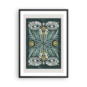 Poster in black frame - Symmetrical pattern with leaves and eyes on a dark background - 50x70cm - Like a Folklore Cutout - Modern wall decoration for the living room and bedroom ARTTOR