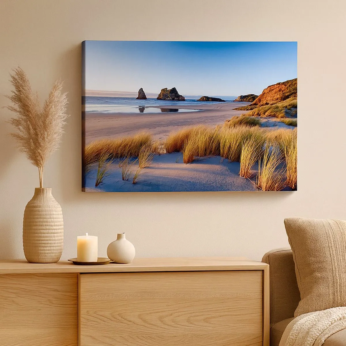 Canvas picture - A picturesque beach with a view of the rocks and the sea at sunset - 70x50cm - For Peace Seekers - Modern wall decoration for the living room and bedroom ARTTOR