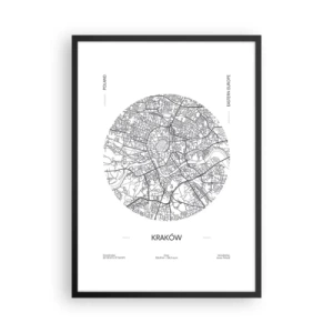 Poster in black frame - A minimalist map of Krakow in a circle - 50x70cm - Anatomy of Crocow - Modern wall decoration for the living room and bedroom ARTTOR