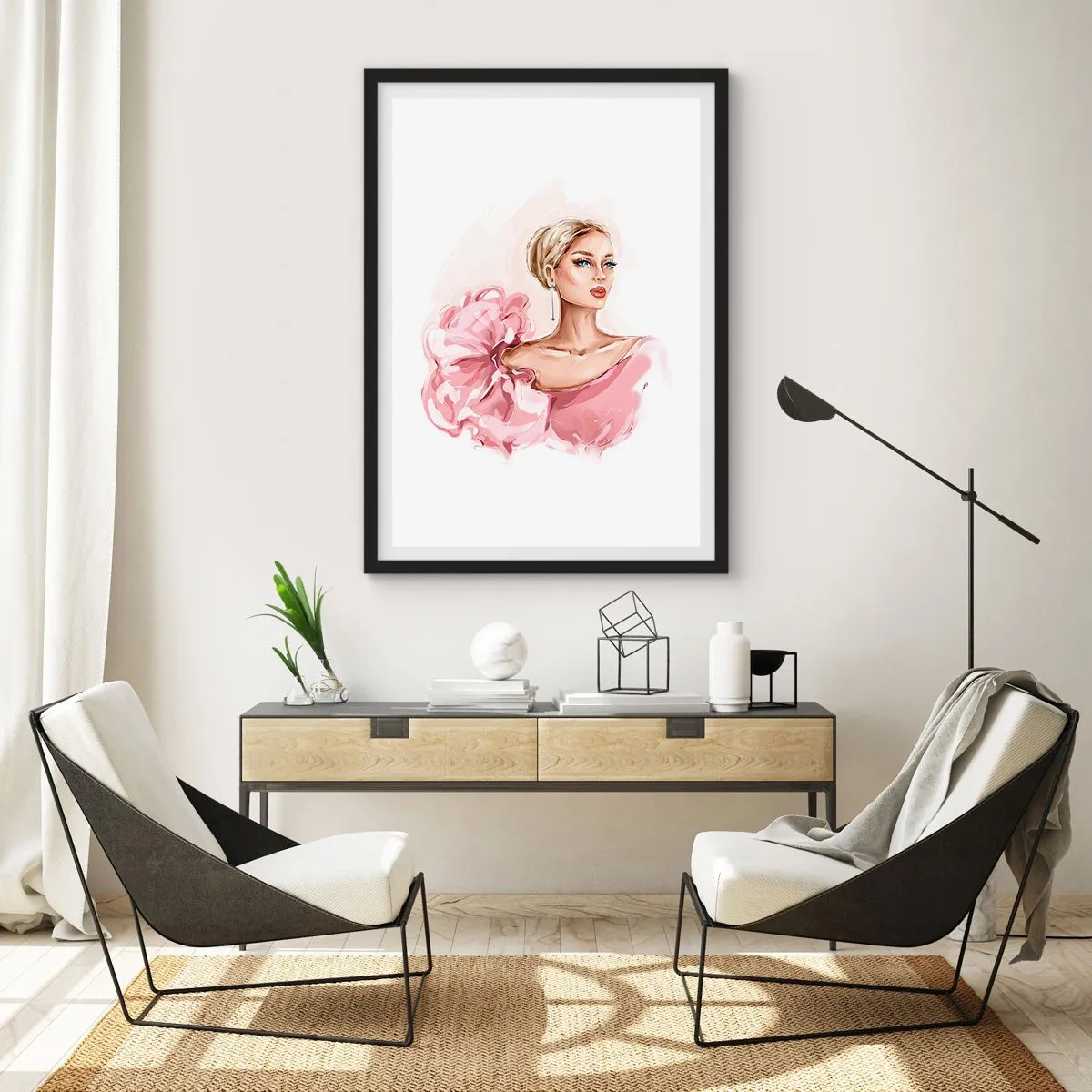 Poster in black frame - Elegant woman in a pink dress - 50x70cm - Like a Painitng - Modern wall decoration for the living room and bedroom ARTTOR