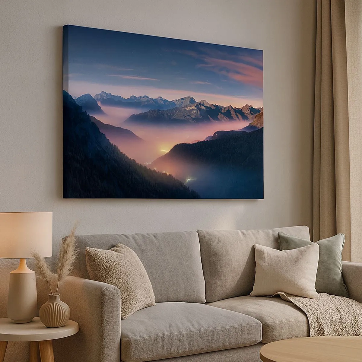 Canvas picture - A mountain landscape with a valley filled with fog - 70x50cm - Light in the Valleys - Modern wall decoration for the living room and bedroom ARTTOR