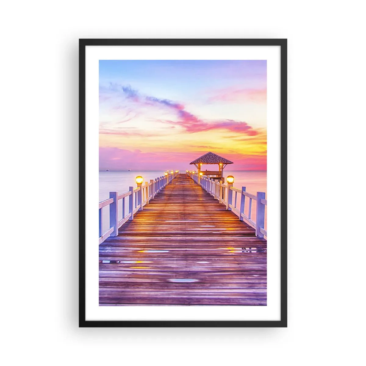 Poster in black frame - A pier with a gazebo illuminated by the setting sun - 50x70cm - Lilac and Gold Silence of an Evening - Modern wall decoration for the living room and bedroom ARTTOR