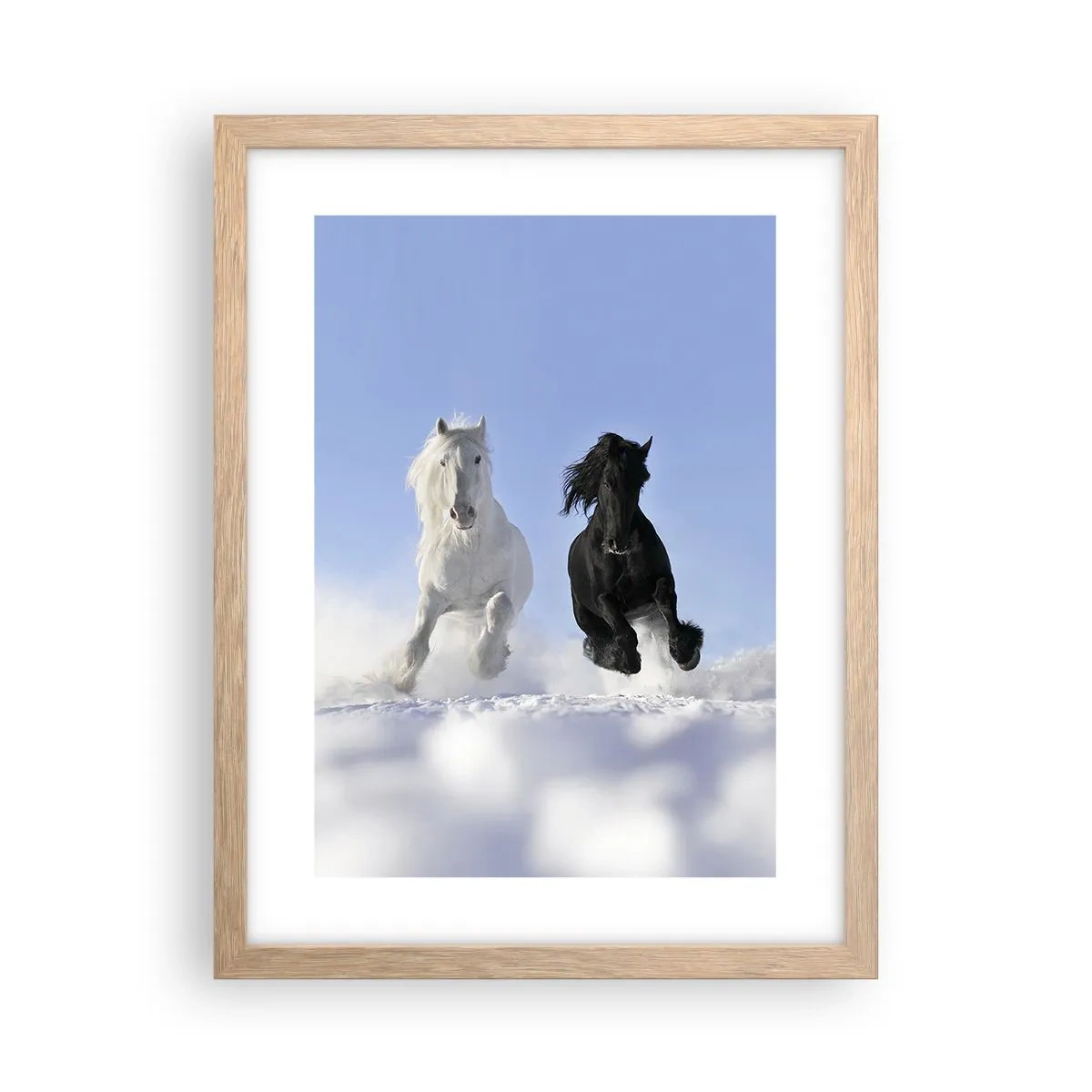 Poster in light oak frame - Black and White Gallop - 30x40 cm