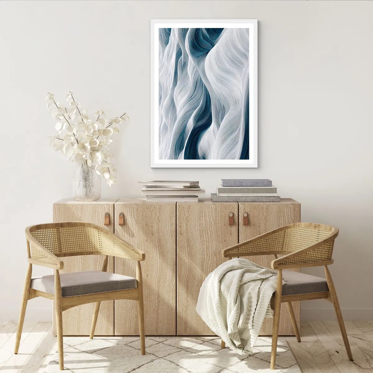 Poster in white frmae - White and Blue Waves - 50x70 cm