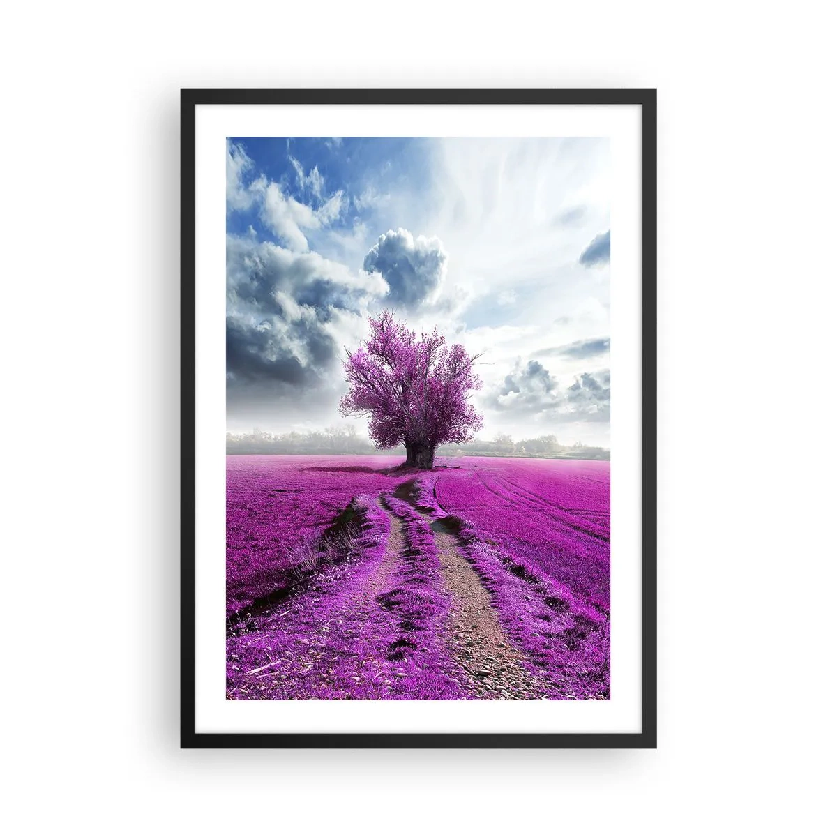 Poster in black frame - A tree in a field in shades of purple - 50x70cm - Heathland Charm - Modern wall decoration for the living room and bedroom ARTTOR
