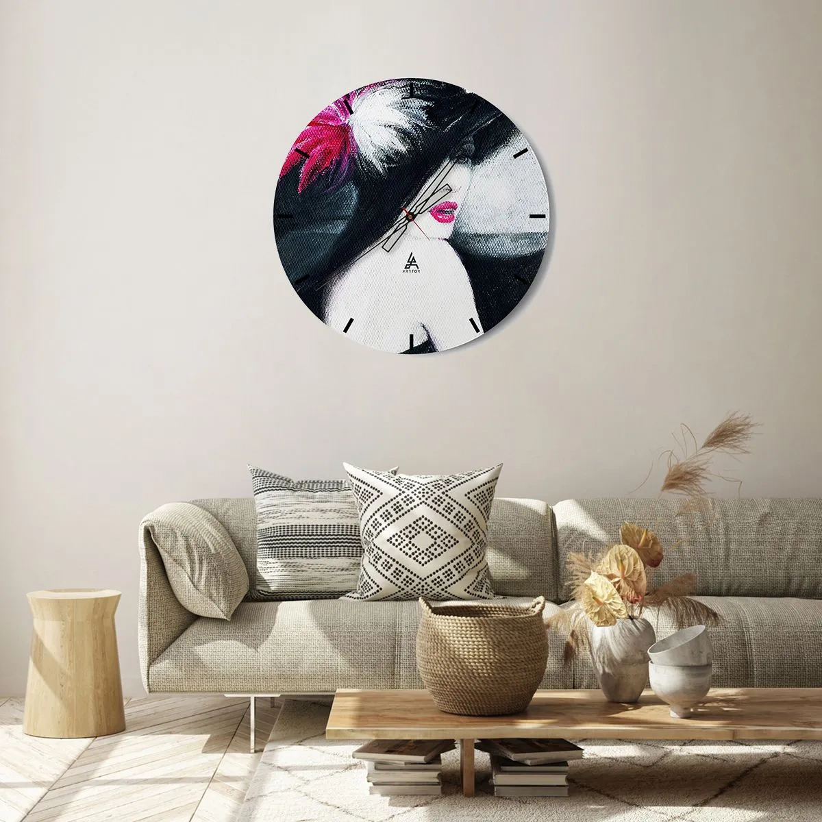 Wall clock - Clock on glass - Stylish figure with hat and red decoration - 30x30cm - Always a Secret - Modern wall decoration for the living room, kitchen, and bedroom ARTTOR