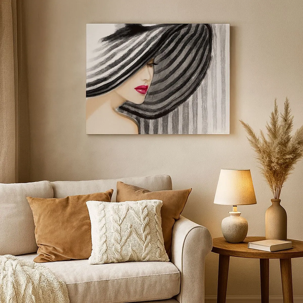 Canvas picture - Woman wearing a black and white hat with a red accent - 70x50cm - Where Can I Find You? - Modern wall decoration for the living room and bedroom ARTTOR