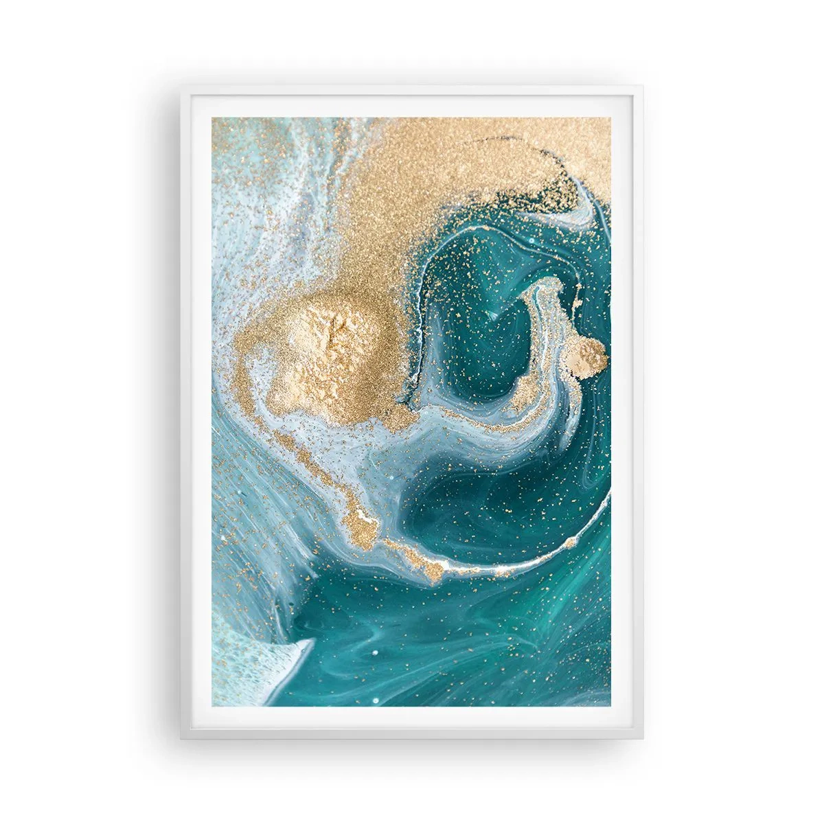 Poster in white frmae - Swirl of Gold and Turquiose - 70x100 cm