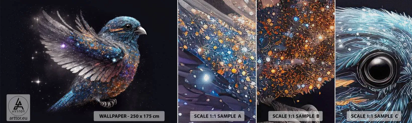 Photo Wallpaper Sample Premium Canvas - Diamond Sparrow - Bird, Magic, Cosmos - 100x30 cm