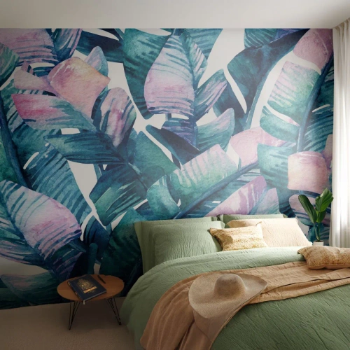 Photo Wallpaper Standard Eco - Watercolor tropical leaves in pastel colors - 100x70cm - In a Banana Grove - Modern wall decoration for the living room and bedroom ARTTOR
