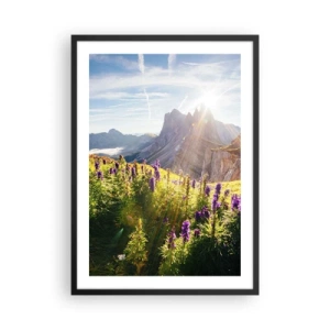 Poster in black frame - A mountain landscape with a meadow full of flowers at sunrise - 50x70cm - Secret Life of Herbs - Modern wall decoration for the living room and bedroom ARTTOR