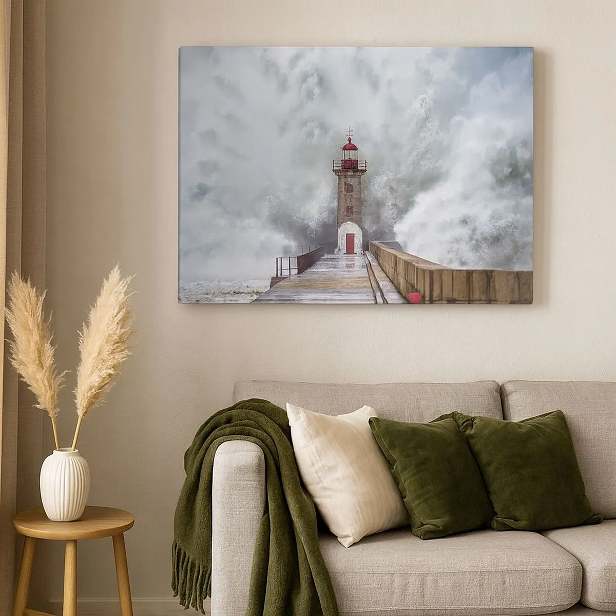 Canvas picture - A lighthouse surrounded by rough waves - 70x50cm - Roar of Waters, Whirr of the Wind - Modern wall decoration for the living room and bedroom ARTTOR