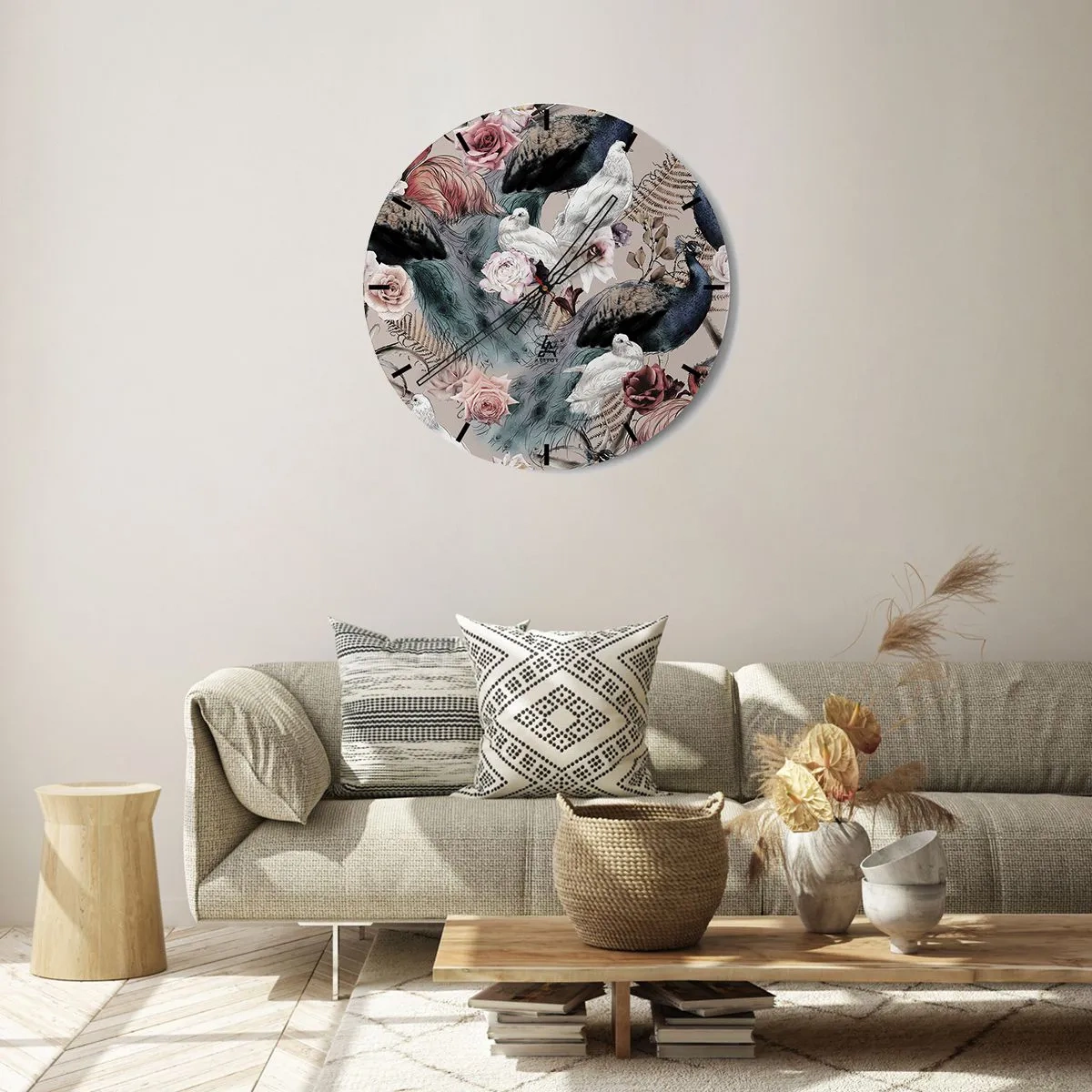 Wall clock - Clock on glass - Peacock and white birds among flowers on a beige background - 30x30cm - In Palace Garden - Modern wall decoration for the living room, kitchen, and bedroom ARTTOR