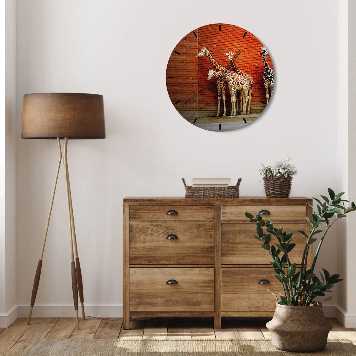 Wall clock - Clock on glass - Giraffes against a brick wall - 30x30cm - Can You See an Acacia? - Modern wall decoration for the living room, kitchen, and bedroom ARTTOR