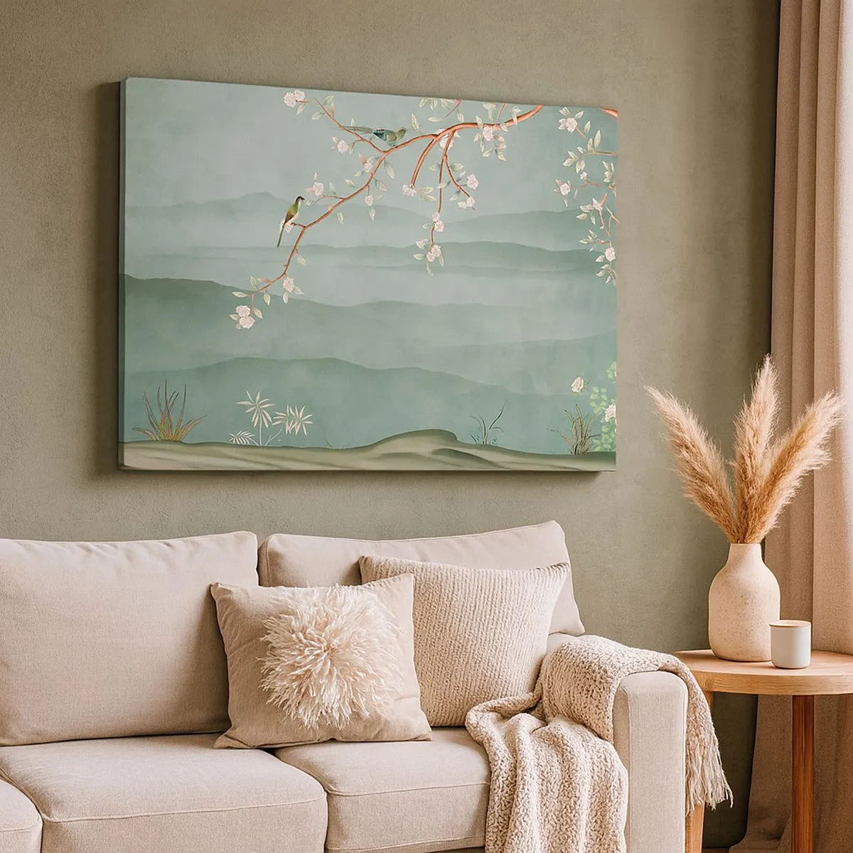 Canvas picture - A picturesque image of a flowering tree branch with birds against a backdrop of green hills. - 70x50cm - Spring, It Is You - Modern wall decoration for the living room and bedroom ARTTOR