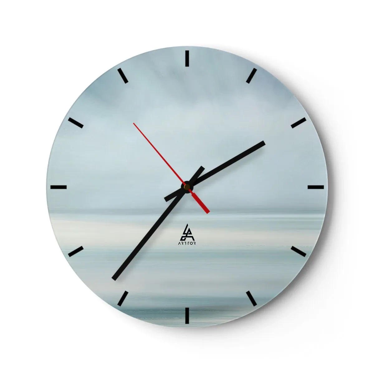 Wall clock - Clock on glass - Blurry horizon in shades of blue and gray - 30x30cm - Calm up to the Horizon - Modern wall decoration for the living room, kitchen, and bedroom ARTTOR