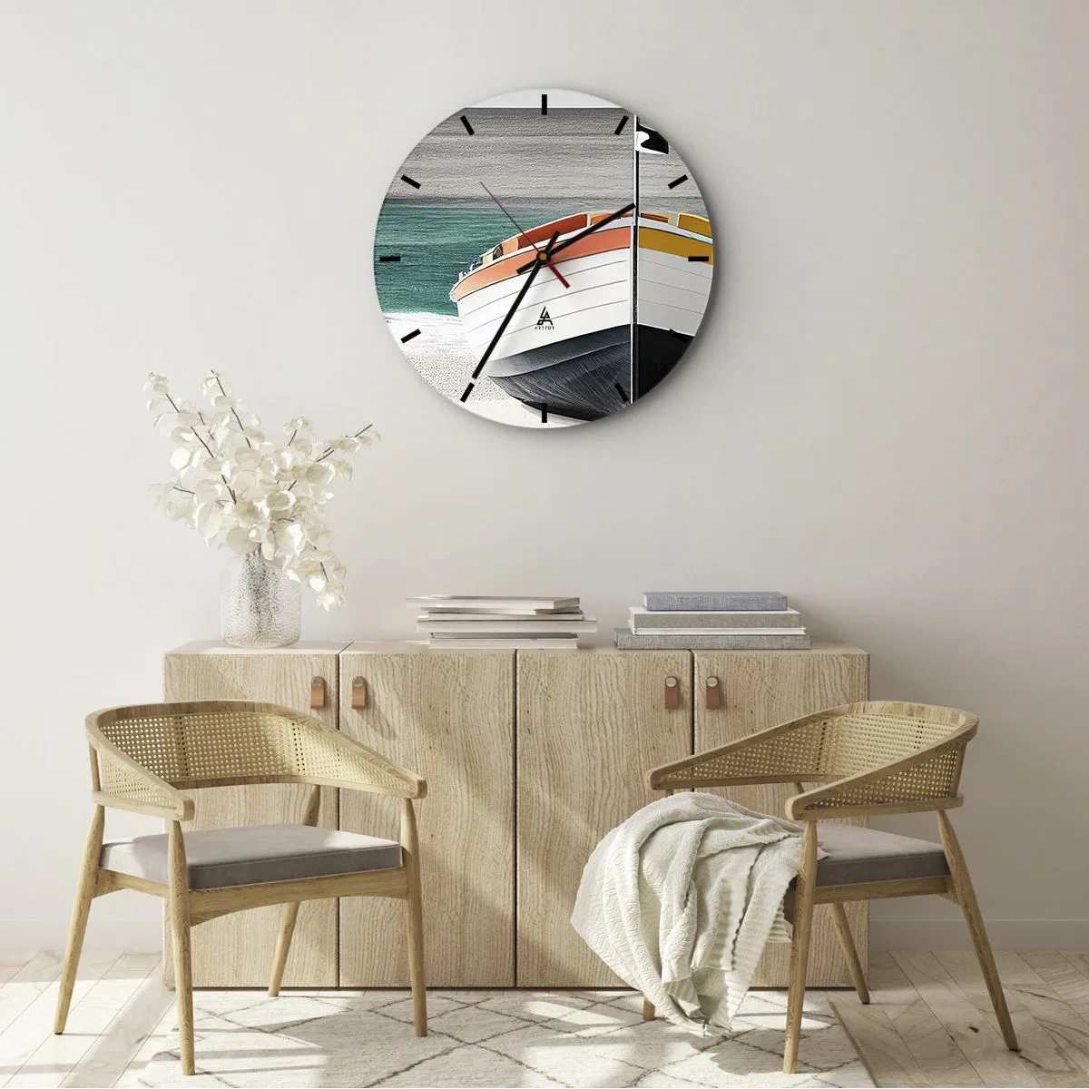 Wall clock - Clock on glass - Colorful fishing boat on a sandy beach - 30x30cm - In Its Place - Modern wall decoration for the living room, kitchen, and bedroom ARTTOR