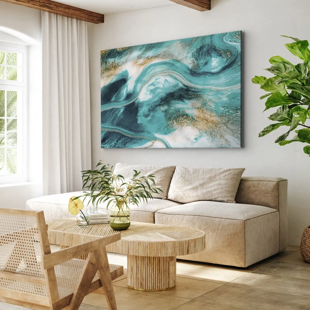 Canvas picture - Turquoise abstraction with white and gold accents - 70x50cm - River of Gold - Modern wall decoration for the living room and bedroom ARTTOR