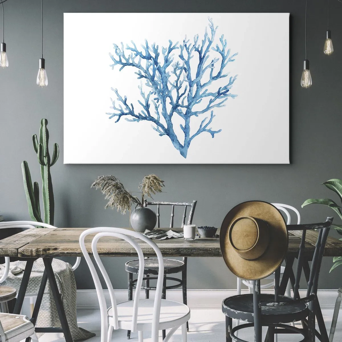 Canvas picture - Blue coral on a white background with a minimalist feel - 70x50cm - Sea Filigree - Modern wall decoration for the living room and bedroom ARTTOR