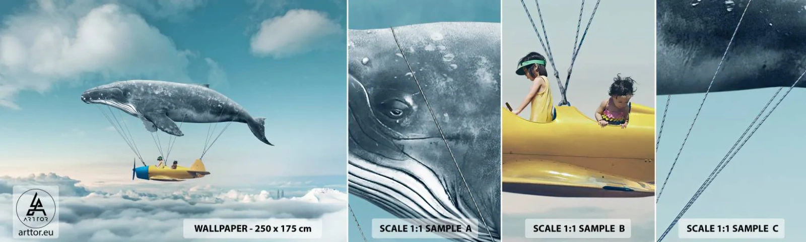 Photo Wallpaper Sample Self-Adhesive Deluxe Sticker - Why Not? - Whale, Kids, Plane - 100x30 cm