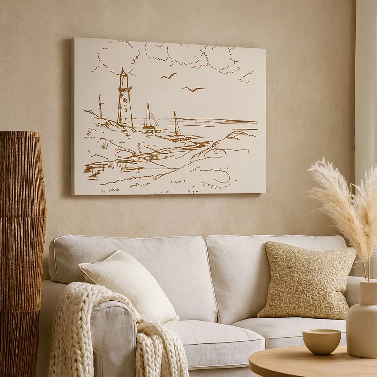 Canvas picture - Sketch of a lighthouse overlooking the sea - 70x50cm - Outline of a Summer Postcard - Modern wall decoration for the living room and bedroom ARTTOR