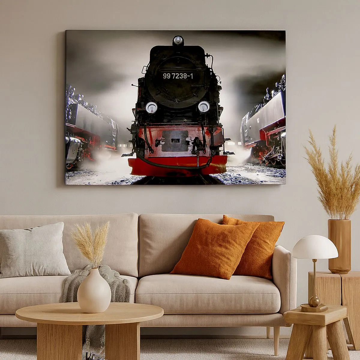 Canvas picture - A steam locomotive surrounded by steam against a dark sky in an atmospheric setting - 70x50cm - Standing and Wheezing, Panting and Blowing - Modern wall decoration for the living room and bedroom ARTTOR