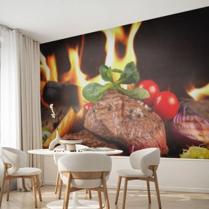 Photo Wallpaper Premium Canvas - Smokey Barbecue - Gastronomy, steak, Flames of Fire - 250x175 cm