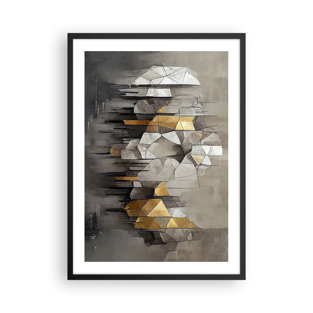 Poster in black frame - Geometric abstraction in shades of gray and gold - 50x70cm - Composition of Ice and Light - Modern wall decoration for the living room and bedroom ARTTOR