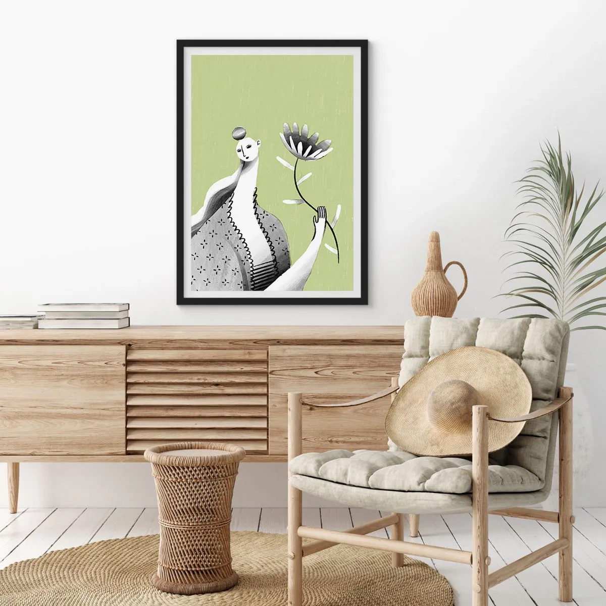 Poster in black frame - Modernist Portrait - Holding a FLower - 61x91 cm
