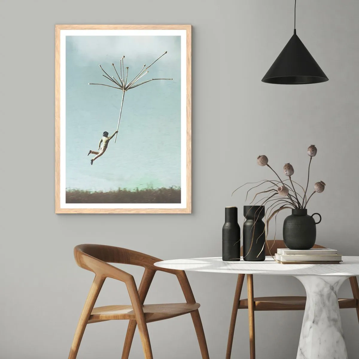 Poster in light oak frame - Kites, Dandelions, Wind - 40x50 cm