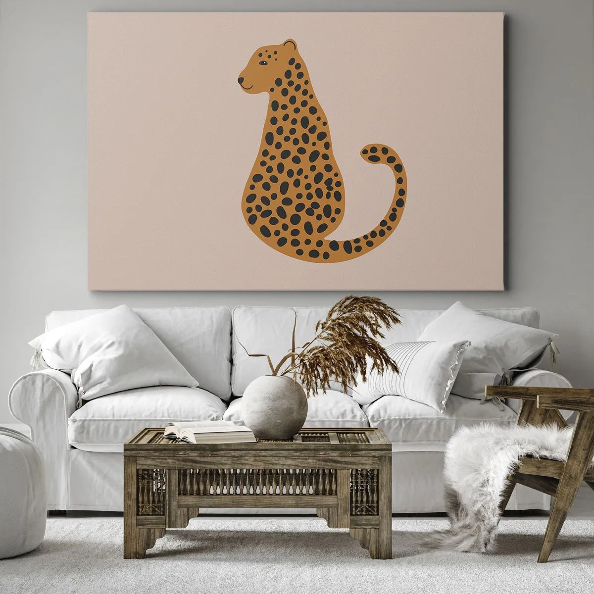 Canvas picture - A minimalist drawing of a panther on a beige background - 70x50cm - Leopard Print Is Fashionable - Modern wall decoration for the living room and bedroom ARTTOR