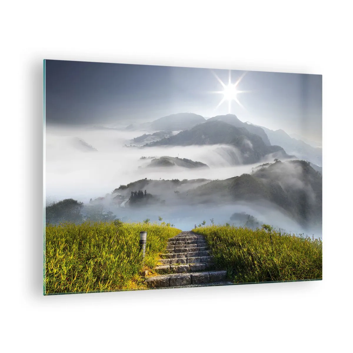 Glass picture - Mountain landscape with fog and stairs leading to the summit - 70x50cm - Upwards towards the Clouds - Modern wall decoration for the living room and bedroom ARTTOR