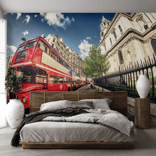 Photo Wallpaper Premium Sand - London Street in Grey and Red - City, London, Red bus - 200x140 cm