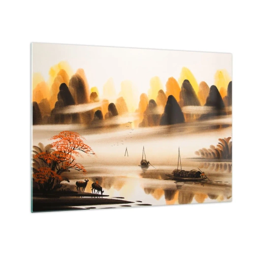 Glass picture - Oriental landscape with boats and mountains in the fog - 70x50cm - Further than Far East - Modern wall decoration for the living room and bedroom ARTTOR